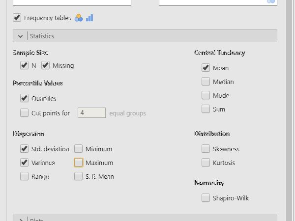 Screenshot for obtaining descriptives